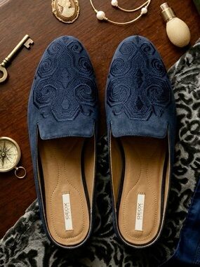 Geox Respira Blue Suede Intricate Embroidery Mule Loafers Flats